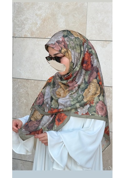 Qalortex Scarf Pamuklu Gonca Desen Eşarp - Haki
