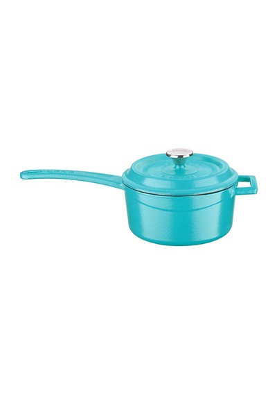 Lava Döküm Yuvarlak Sos Tenceresi Döküm Demir Yekpare Saplı Çap(Ø)16cm, Parlak Siyah Taban, Mat Turkuaz