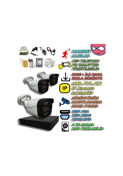 3'lü 5mp Renkli Gece Görüşlü Yapay Zeka Destekli Pvc Kasa Kamera Seti