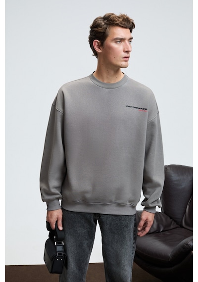 Grimelange PERCY Erkek Yuvarlak Yaka Göğsü Baskılı Sırtı Baskılı Oversize Koyu Gri Sweatshirt