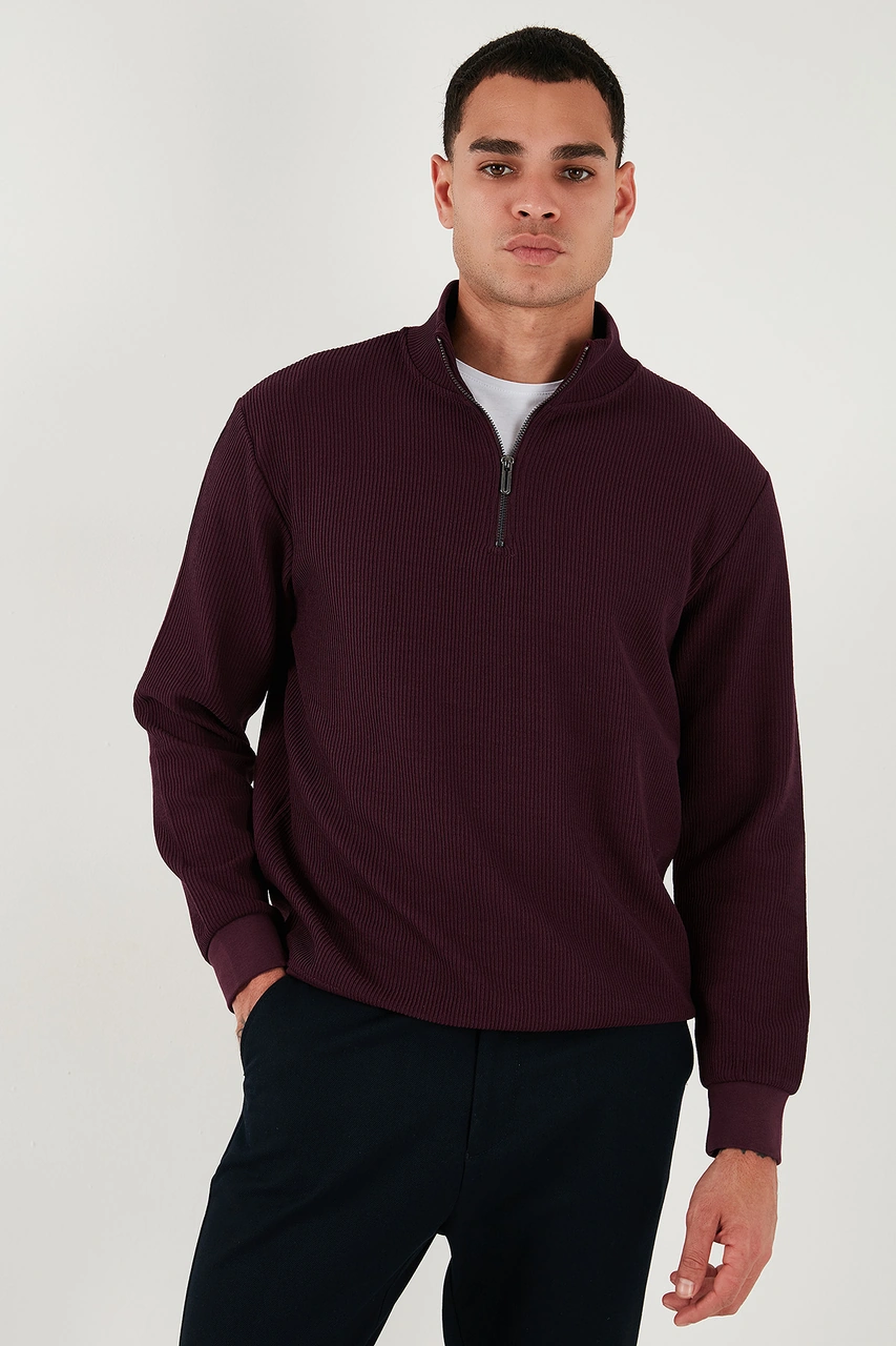 Buratti Pamuklu Regular Fit Yarım Fermuarlı Dik Yaka 2'Li Paket Erkek Sweat 5905716S2 Vişne-Siyah