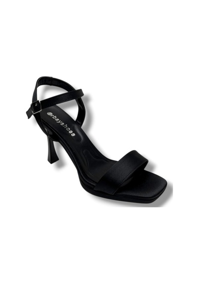 Erbay 600-26 Parlak Saten Tek Bant Orta Topuk Kadın Sandalet 10cm Siyah