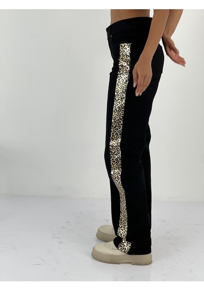 Miss Poem Kadın Yanları Leopar Desenli Denim Siyah Kot Pantolon Siyah