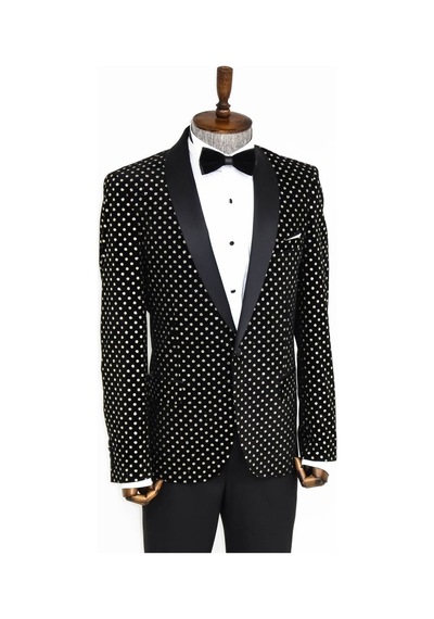 Wessi Nokta Desenli Slim Fit Siyah Erkek Smokin Ceket Siyah