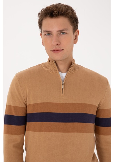 U.S. Polo Assn. Erkek Regular Fit Yarım Fermuarlı Camel Kazak 50315034-VR015