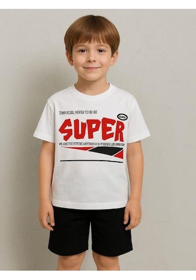 Ekkokids Çocuk Super Yazılı Pamuklu Oversize T-shirt-16016 Beyaz