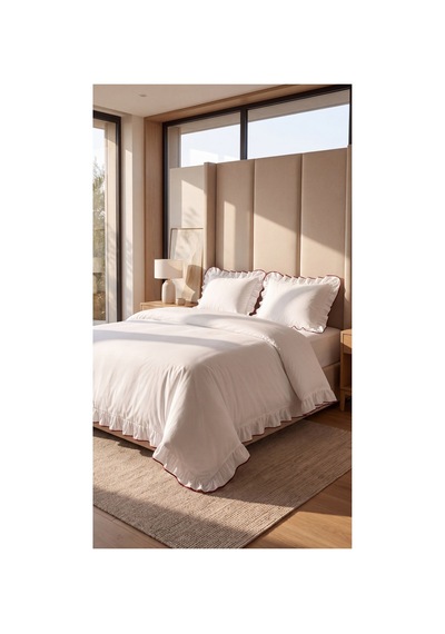 %100 Pamuk Overloklu Fırfırlı Çift Kişilik Nevresim Takımı Lastikli Çarşaflı 200x220 Cm Bordo - 904804703 Bordo