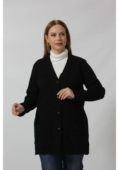 Moda Berray Düğmeli Cepli Hırka Siyah