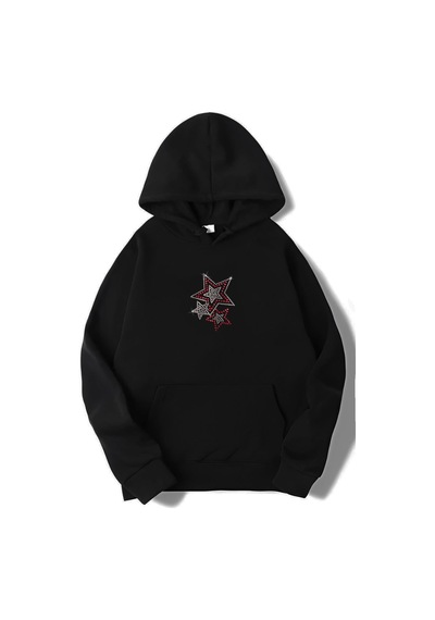Brz Collection Unisex Oversize Taş Baskılı Renkli Yıldızlı Hoodie Siyah