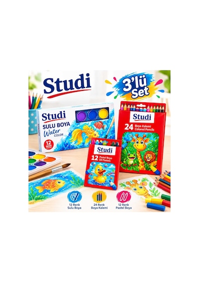 Boya Kalemi Kuru Kalem , Sulu Boya Ve Pastel Boya 3'lü Set Bej