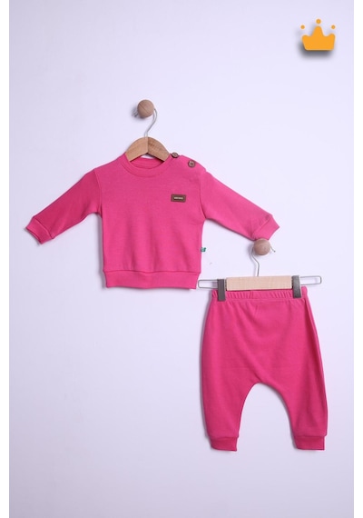 Babyhola Kız Erkek Bebek Takım Pamuk Düğmeli Sweat Düğmeli Alt Üst Takım 236312 Fuşya