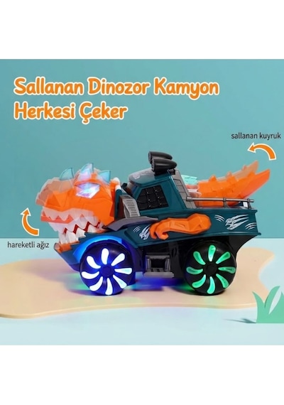 Turuncu-yeşil Hareketli Dinozor Oyuncak Araba - Işıklı, Müzikli, Çarp Dön Özellikli T-rex Kamyon 2 Yaş+ Çok Renkli