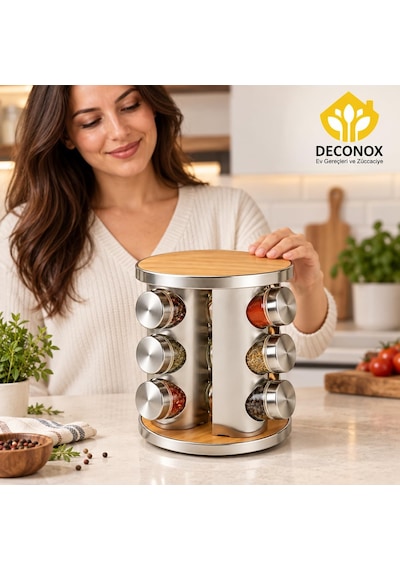 Metal Döner Standlı 12'li Cam Baharatlık Seti, Kapaklı Baharat Kavanozları, 22 Cm Yükseklik, 19 Cm Çap, Ahşap Renkli Diğer