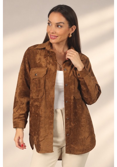 By Saygı Kadın Kapaklı Çift Cepli Çitçıtlı Süet Gömlek Camel