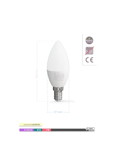 ACK 7W LED Mum Ampul 4000K Ilık Beyaz E14 C37