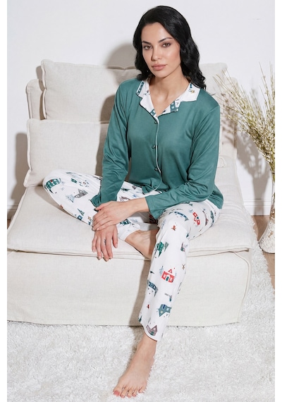Lela Desenli Regular Fit Apaş Yaka Beli Lastikli Bol Paça Bayan Pijama Takımı 65714300 Yeşil