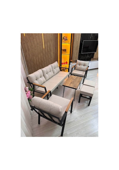 Houseart Balkon, Bahçe - Metal Kanepe Koltuk Takımı 3+1+1 + 2 Adet Puf + Sehpa Krem