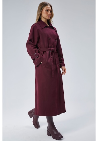 Kadın Oversize Kuşaklı Trençkot Bordo