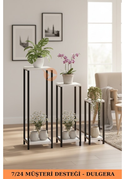 Flora Dekoratif 3'lü Metal Çiçeklik Saksı Standı & Yan Sehpa Seti - Modern Bahçe Balkon Çiçek Rafı