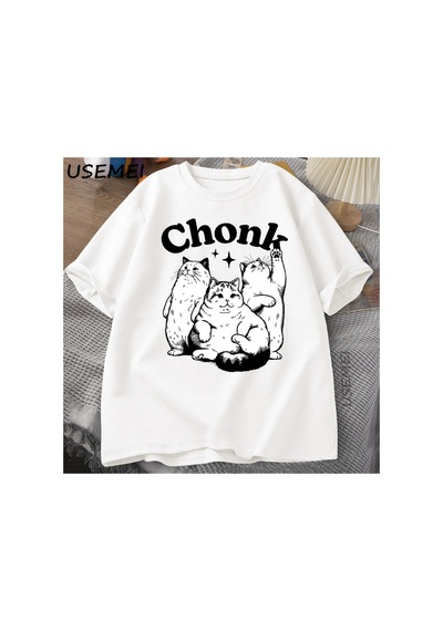 Komik Chonk Kedi T-shirt Erkekler Kadınlar İçin Sevimli Şişman Kedi Teeminimalist Mem 2896 Beyaz