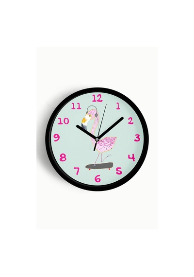 Kaykay Yapan Pembe Flamingo Çocuk Odası Duvar Saati - 30cm - Önü Camlı Siyah Kasa - Sessiz Mekanizma-jh1046 Siyah