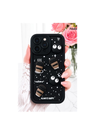 Fibaks iPhone 15 Pro Max Uyumlu Kılıf Tasarımlı Desenli Kamera Korumalı Coffee Kurabiye Siyah Yumuşak Silikon Kap