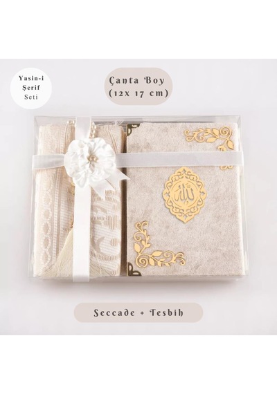 Yasin + Seccade + Tesbih Hediye Seti Çanta Boy, Raşel Cilt, Şemslafzatullah, Krem