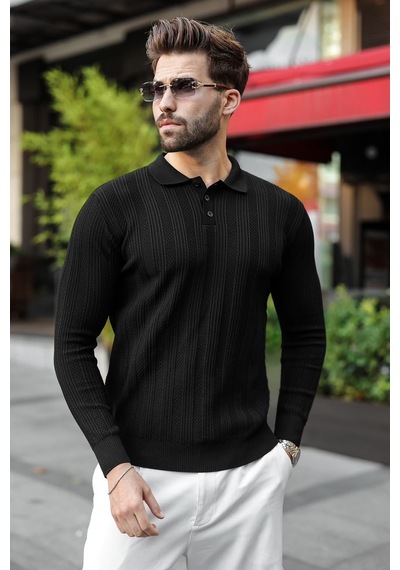 Madmext Siyah Düğmeli Polo Yaka Desenli Over Fit Erkek Triko Kazak E7520