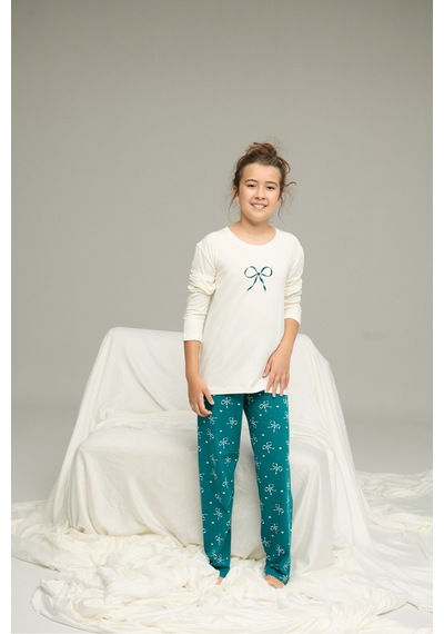 Siyah İnci Pamuklu Bisiklet Yaka Örme Pijama Takım25241159 Ekru