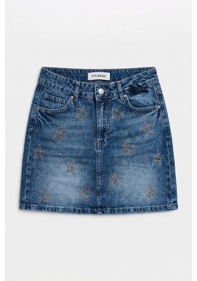 Itsbasic Kadın Mavi T-4s6-4 Straight Mini Parlak Yıldız Taşlı Özel Tasarım Denim Etek