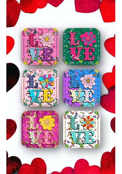Love Aşk Temalı Ahşap Bardak Altlığı Seti 6 Adet Ahşap