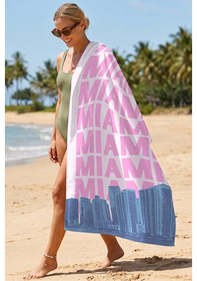 Miami Yazılı Amerika Temalı Plaj Havlusu - Pembe Mavi Skyline Havuz Deniz Banyo Sahil Örtüsü İnci Zeytin