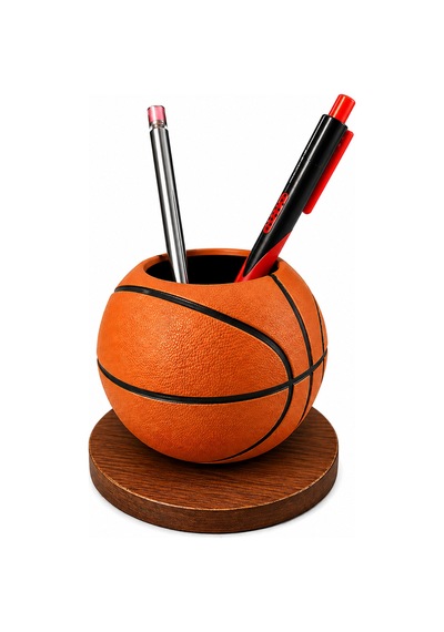 Basketbol Topu Tasarım Kalemlik 10 Cm Standlı Dekoratif Masaüstü Organizer Kalem Tutucu Siyah - Beyaz