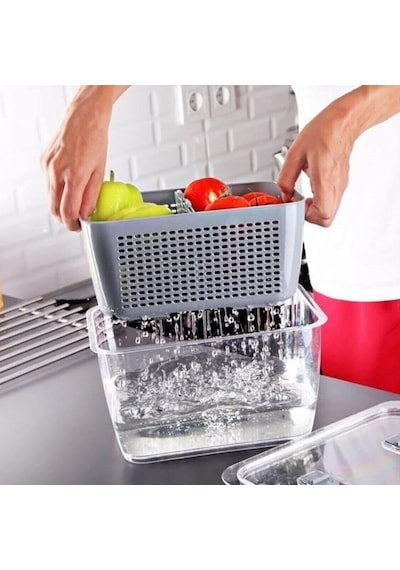 Vinoa 3'lü 2,5 Lt + 5 Lt + 9 Lt Süzgeçli Buzdolabı Düzenleyici Organizer + Saklama Kabı Gri
