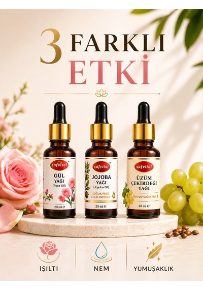 Gül+jojoba+üzüm Çekirdeği Yağı Cilt Bakım Yağ Seti 3 Lü Işıltı Ve Nem Desteği 3x20 Ml