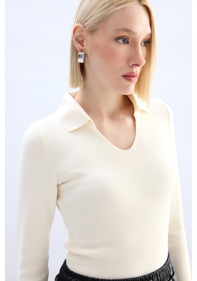 Sateen Polo Yaka Triko - Ekru-132061 Ekru