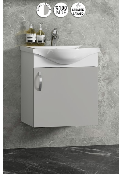 Yıldız 45 Cm Beyaz-sis Gri Mdf Seramik Lavabolu Asma Banyo Alt Dolabı