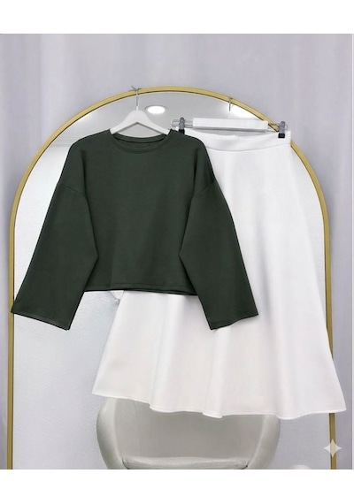 Lovie Moda Basic Bluz Kloş Etekli Takım Haki