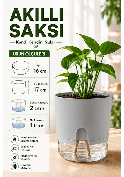 Akıllı Saksı Kendinden Sulamalı Fitilli Modern Dekoratif Saksı 2 Litre 07092104
