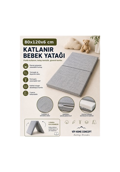 Katlanır Çocuk Yatağı Sünger Yer Yatağı Oyun Minderi Taşınabilir 80x120x6 CM Gri 80 X 120