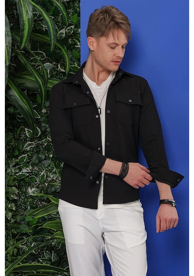 Efor Comfort Fit Kapaklı Cep Çıtçıtlı Esnek Pamuk Siyah Gömlek Ceket G 1550 Siyah