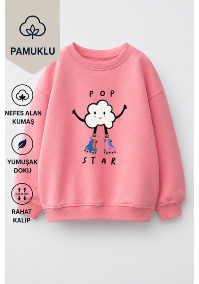 Monila Kız Çocuk 3 İplik Kumaş Pamuklu Popcorn Baskılı Sweatshirt Pembe