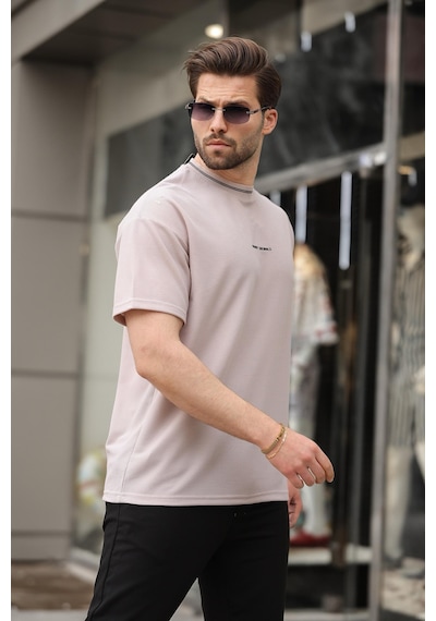 Madmext Bej Nakış Detaylı Basic Erkek T-shirt E7106 Bej