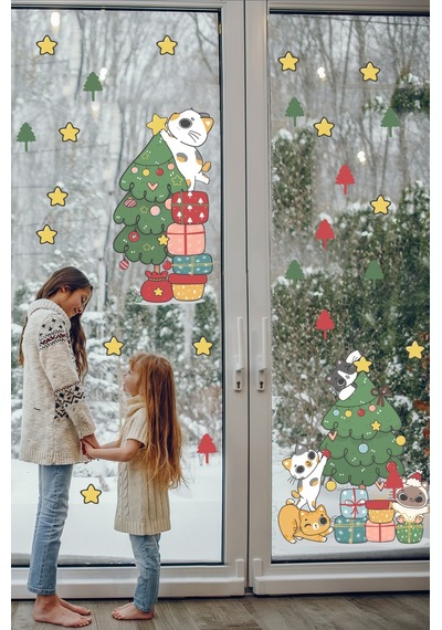 Pencere Süsleyen Sevimli Kediler Yılbaşı Pencere Sticker
