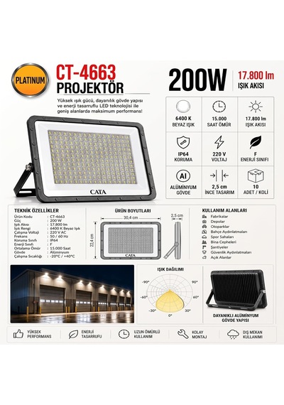 200w Slim Led Projektör Cata Ct-4663b - Beyaz Işık 6400k