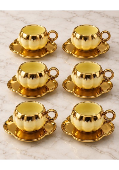 Valkyrie 6 Kişilik Krem Gold Balkabağı Model Türk Kahvesi Fincan Takımı 12 Parça 80 Ml Çeyizlik Krem