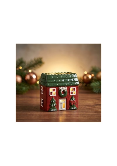 Seramik Tealight Holder - Ev Mumluk - Yılbaşı Konseptli Dekoratif Işıklı Ev Biblo 15 Cm