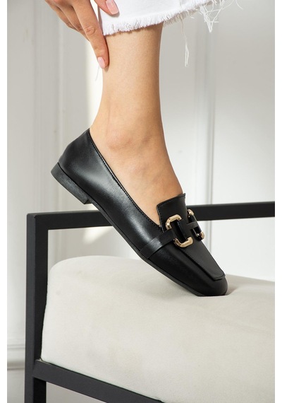 Zenneshoes Kadın Siyah Deri Babet Siyah 6 Cm
