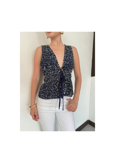 Verymoda V Yaka Belden Bağcıklı Pullu Yelek Bluz D3135 Lacivert