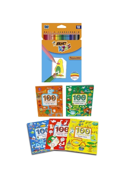 100 Eğlenceli Oyun Serisi Set 5 Kitap + 18 Li Bic Kuruboya